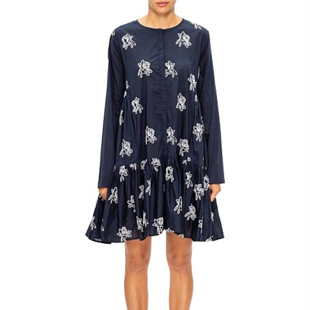 Merlette Caliza Navy Cotton Lawn Dress with White Embroidery S